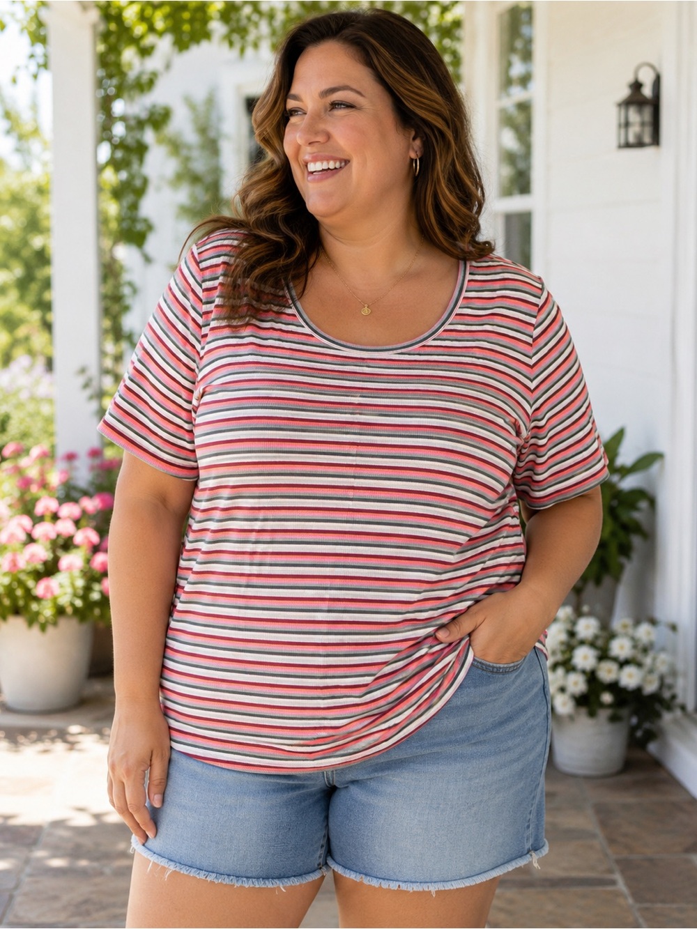 Duluth Trading Co Striped Scoop Neck Tee in Pink, White & Gray